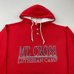 Vintage 80s Mt Cross Lutheran Camp Hoodie Sweatshirt Size Medium Red Made in USA